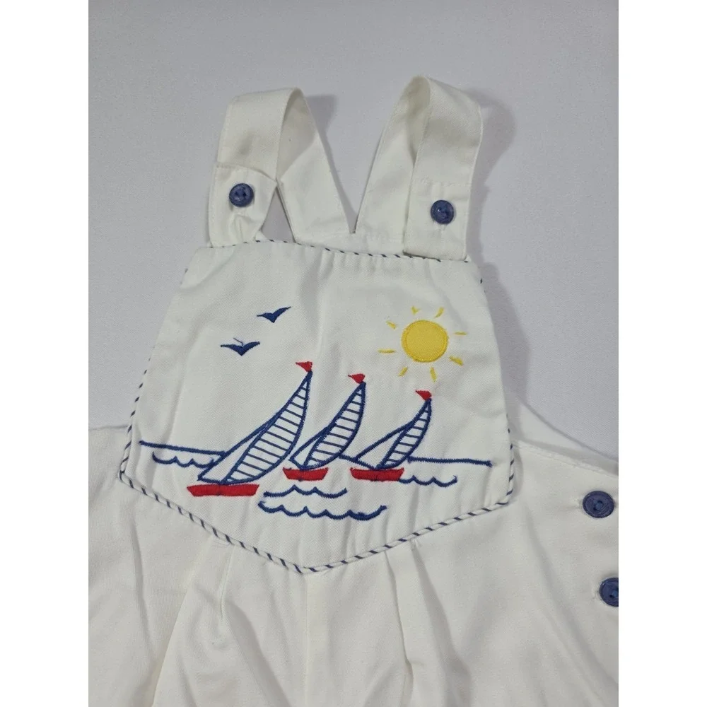 Vintage 1990s Baby Sailboat Nautical Overalls Romper 6-9M White